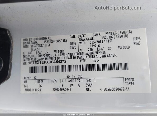 1FTEX1EPXJFA54272 2018 FORD F150 White Շարժիչի բաժամունքի տեսք