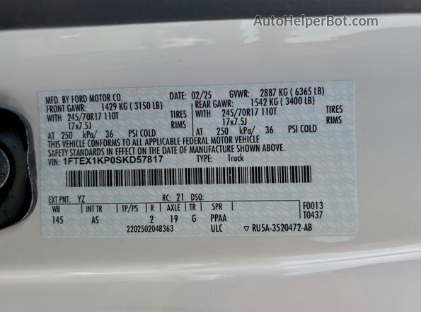 1FTEX1KP0SKD57817 2025 FORD F150 Белый Вид наклейки с VIN-кодом
