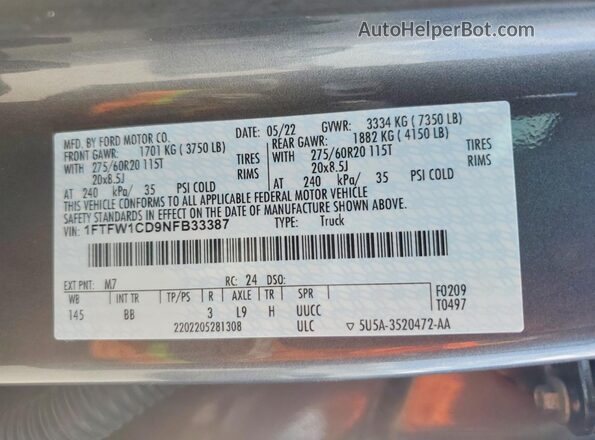 1FTFW1CD9NFB33387 2022 FORD F150 Серый Вид подкапотного пространства