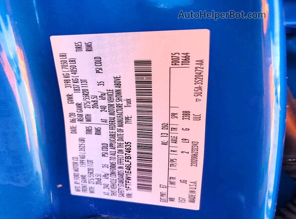 1FTFW1E46LFB74635 2020 FORD F150 Blue Widok naklejki z numerem VIN
