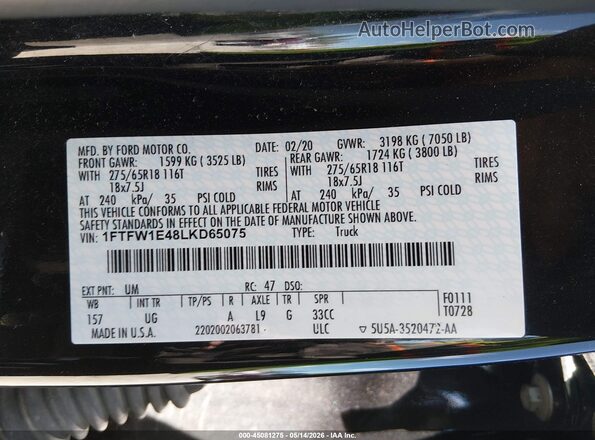 1FTFW1E48LKD65075 2020 FORD F150 Черный Вид подкапотного пространства