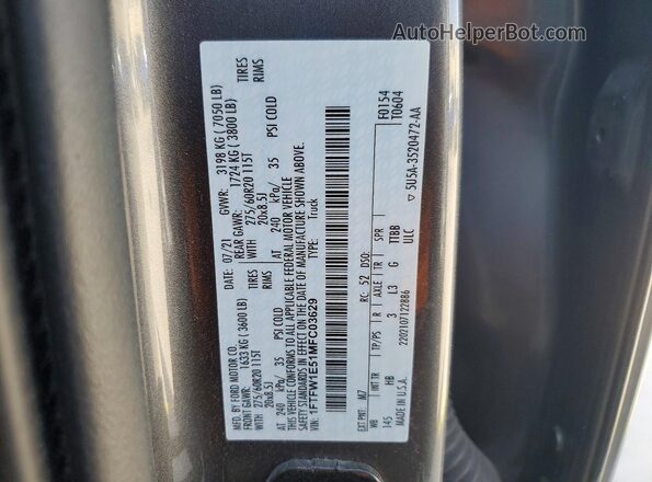 1FTFW1E51MFC03629 2021 FORD F150 Gray Widok naklejki z numerem VIN