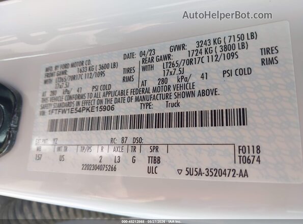 1FTFW1E54PKE15906 2023 FORD F150 White Vista del compartimento del motor