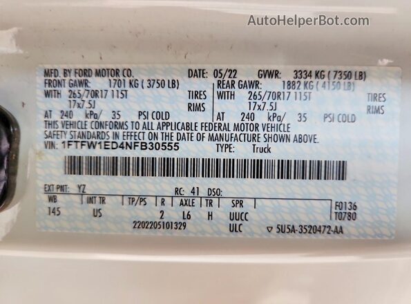 1FTFW1ED4NFB30555 2022 FORD F150 Белый Вид подкапотного пространства