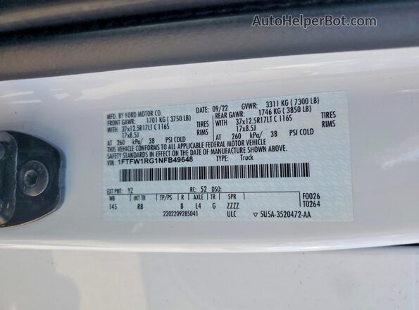 1FTFW1RG1NFB49648 2022 FORD F150 White ძრავის განყოფილების ხედი