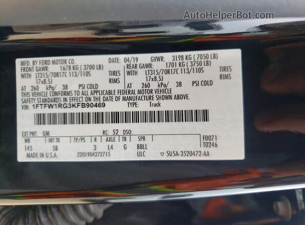 1FTFW1RG3KFB90469 2019 FORD F150 Black Вид підкапотного простору