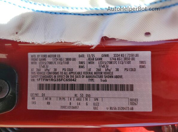 1FTFW1RG3SFC65042 2025 FORD F150 Red Vista de la etiqueta del VIN