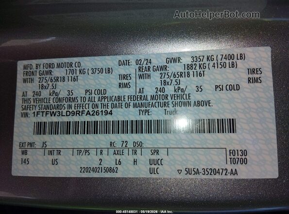 1FTFW3LD9RFA26194 2024 FORD F150 Silver Widok komory silnika