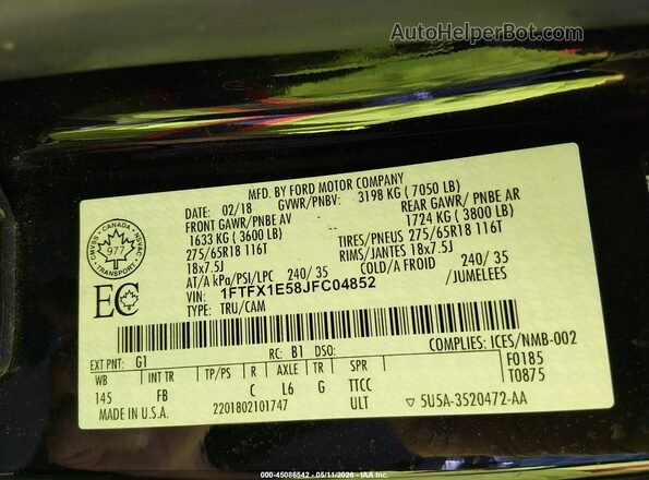 1FTFX1E58JFC04852 2018 FORD F150 Черный Вид подкапотного пространства