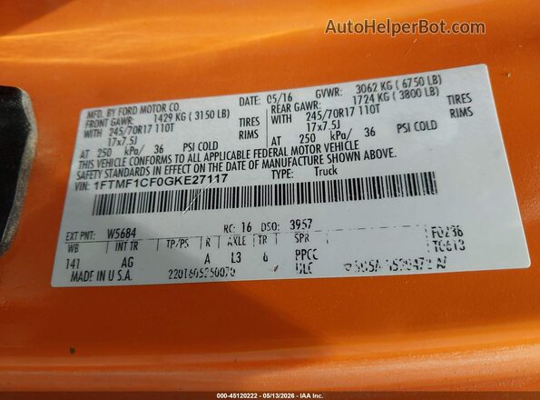 1FTMF1CF0GKE27117 2016 FORD F150 Оранжевый Вид подкапотного пространства