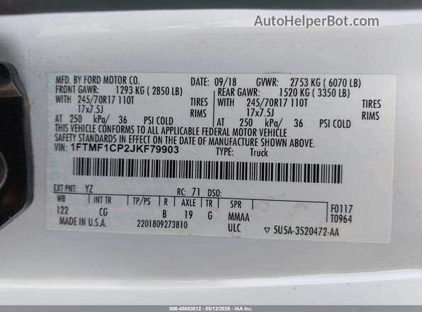 1FTMF1CP2JKF79903 2018 FORD F150 White Vista del compartimento del motor