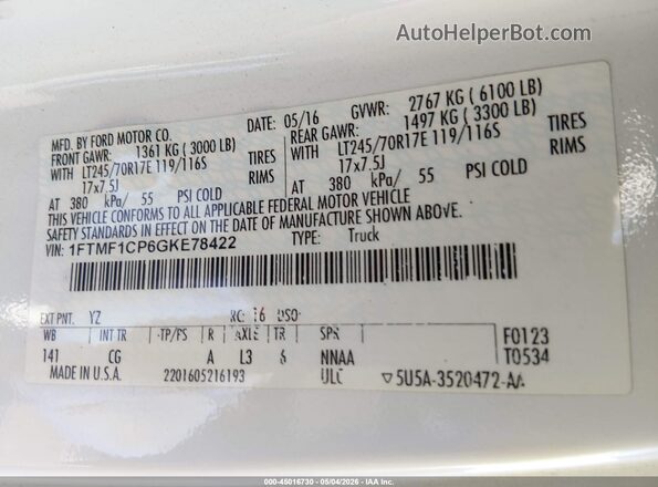 1FTMF1CP6GKE78422 2016 FORD F150 Белый Вид подкапотного пространства