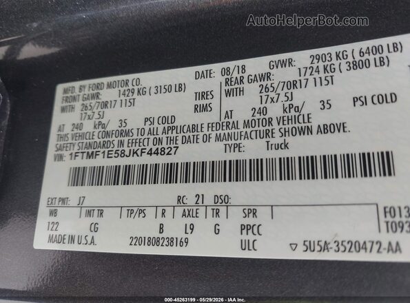 1FTMF1E58JKF44827 2018 FORD F150 Gray Շարժիչի բաժամունքի տեսք