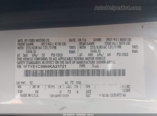1FTYE1CM6HKA21721 2017 FORD TRANSIT-150 Белый Вид подкапотного пространства
