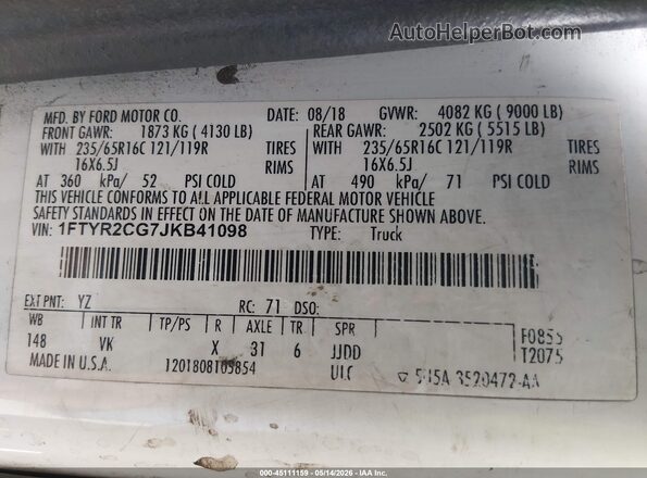 1FTYR2CG7JKB41098 2018 FORD TRANSIT-250 White Շարժիչի բաժամունքի տեսք
