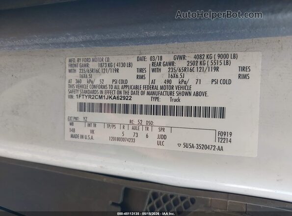 1FTYR2CM1JKA62922 2018 FORD TRANSIT-250 White Вид підкапотного простору