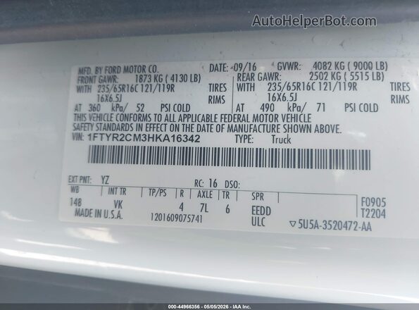 1FTYR2CM3HKA16342 2017 FORD TRANSIT-250 White Շարժիչի բաժամունքի տեսք