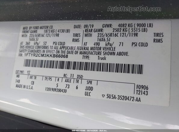 1FTYR2CM3KKB66068 2019 FORD TRANSIT-250 Белый Вид подкапотного пространства