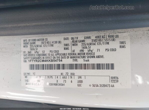 1FTYR2CM4KKB54754 2019 FORD TRANSIT-250 Green Vista del compartimento del motor