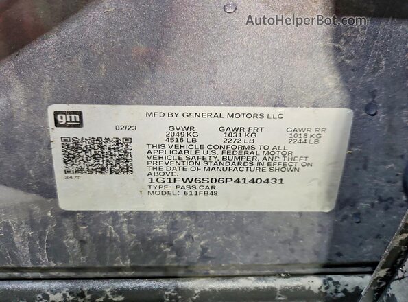 1G1FW6S06P4140431 2023 CHEVROLET BOLT Blue Вид наклейки з VIN-кодом