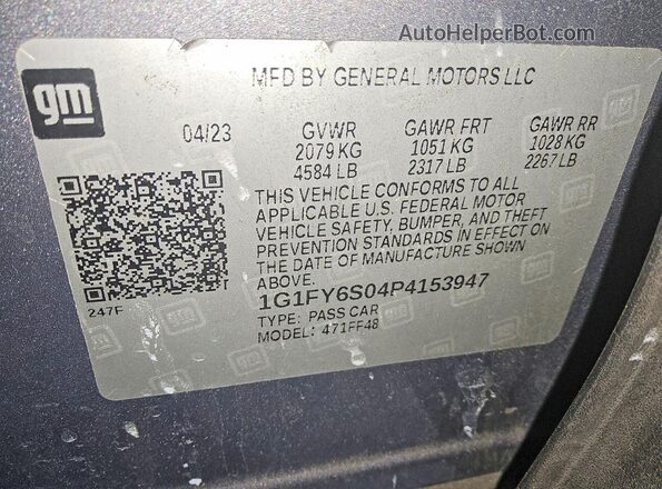 1G1FY6S04P4153947 2023 CHEVROLET BOLT Gray Widok naklejki z numerem VIN