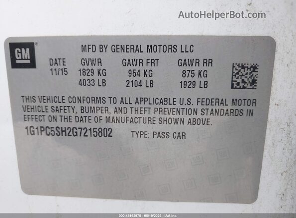 1G1PC5SH2G7215802 2016 CHEVROLET CRUZE White Vista del compartimento del motor