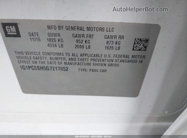 1G1PC5SH5G7217852 2016 CHEVROLET CRUZE Белый Вид подкапотного пространства