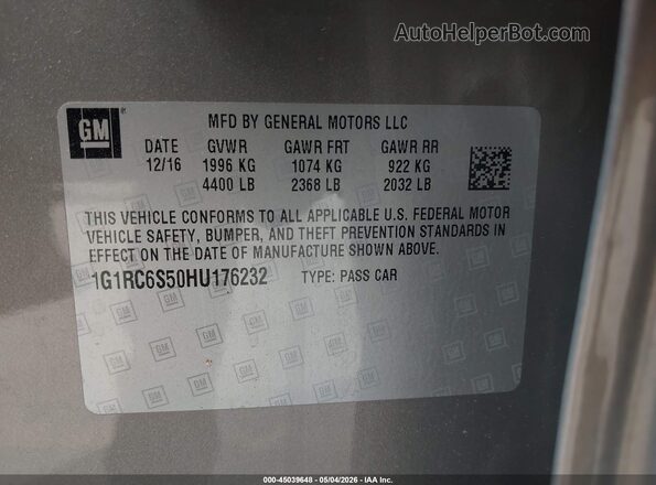 1G1RC6S50HU176232 2017 CHEVROLET VOLT Серый Вид подкапотного пространства
