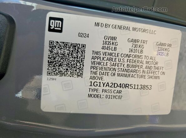 1G1YA2D40R5113853 2024 CHEVROLET CORVETTE Серый Вид наклейки с VIN-кодом