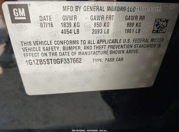 1G1ZB5ST0GF337662 2016 CHEVROLET MALIBU Black Engine compartment view