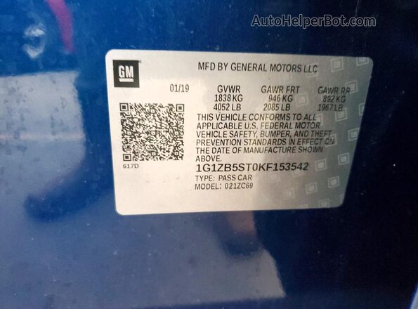 1G1ZB5ST0KF153542 2019 CHEVROLET MALIBU Синий Вид наклейки с VIN-кодом