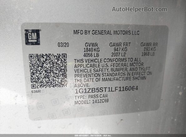 1G1ZB5ST1LF116064 2020 CHEVROLET MALIBU Серебряный Вид подкапотного пространства