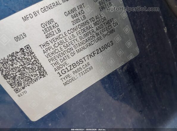 1G1ZB5ST7KF215003 2019 CHEVROLET MALIBU Синий Вид подкапотного пространства