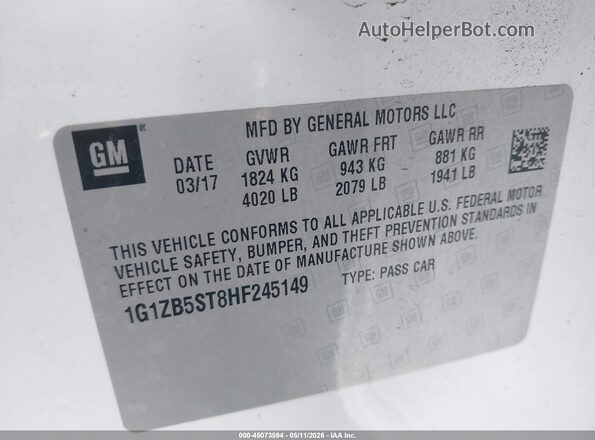 1G1ZB5ST8HF245149 2017 CHEVROLET MALIBU Белый Вид подкапотного пространства