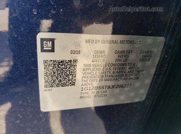 1G1ZB5ST8JF206227 2018 CHEVROLET MALIBU Синий Вид подкапотного пространства