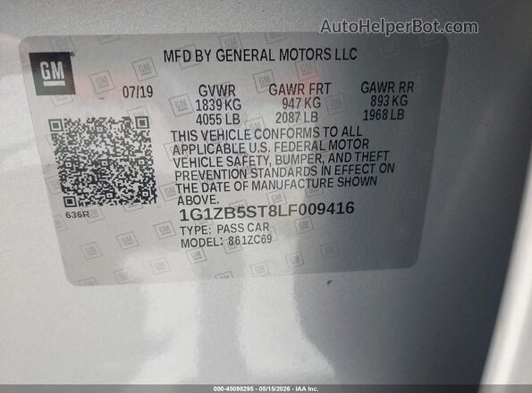 1G1ZB5ST8LF009416 2020 CHEVROLET MALIBU Серебряный Вид подкапотного пространства