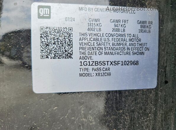 1G1ZB5STXSF102968 2025 CHEVROLET MALIBU Черный Вид наклейки с VIN-кодом