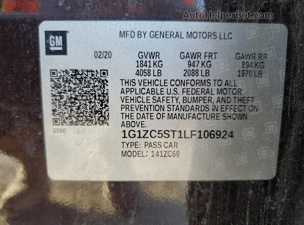 1G1ZC5ST1LF106924 2020 CHEVROLET MALIBU Brown Widok naklejki z numerem VIN