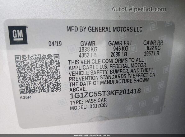 1G1ZC5ST3KF201418 2019 CHEVROLET MALIBU Серебряный Вид подкапотного пространства