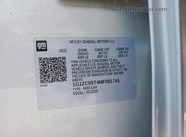 1G1ZC5ST4MF081745 2021 CHEVROLET MALIBU Серебряный Вид подкапотного пространства