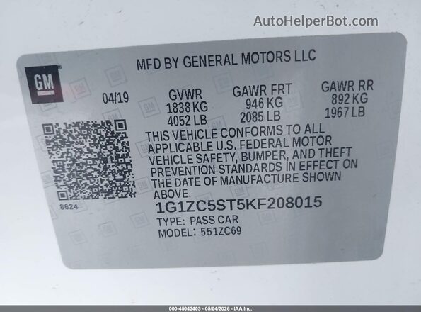 1G1ZC5ST5KF208015 2019 CHEVROLET MALIBU Белый Вид подкапотного пространства