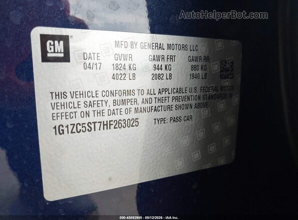 1G1ZC5ST7HF263025 2017 CHEVROLET MALIBU Blue Շարժիչի բաժամունքի տեսք