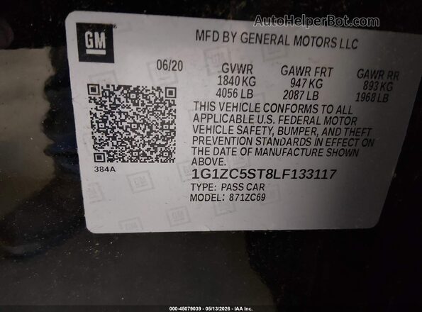 1G1ZC5ST8LF133117 2020 CHEVROLET MALIBU Черный Вид подкапотного пространства