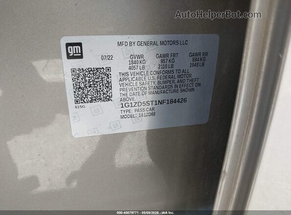 1G1ZD5ST1NF184426 2022 CHEVROLET MALIBU Золотой Вид подкапотного пространства