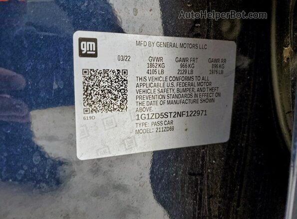 1G1ZD5ST2NF122971 2022 CHEVROLET MALIBU Синий Вид наклейки с VIN-кодом