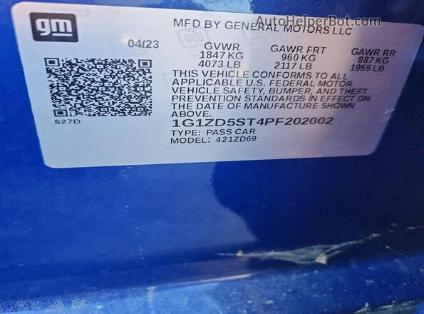 1G1ZD5ST4PF202002 2023 CHEVROLET MALIBU Blue VIN კოდის სტიკერის ხედი