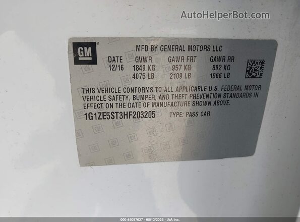 1G1ZE5ST3HF203205 2017 CHEVROLET MALIBU Белый Вид подкапотного пространства