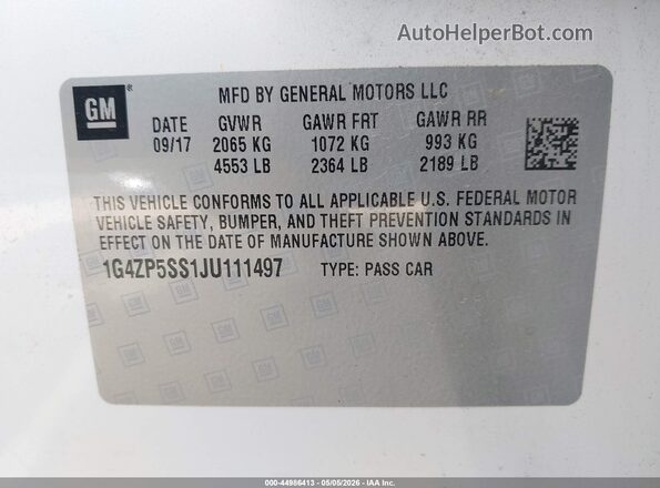 1G4ZP5SS1JU111497 2018 BUICK LACROSSE White ძრავის განყოფილების ხედი