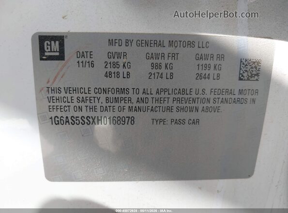 1G6AS5SSXH0168978 2017 CADILLAC CTS Белый Вид подкапотного пространства