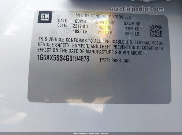 1G6AX5SS4G0194878 2016 CADILLAC CTS Белый Вид подкапотного пространства